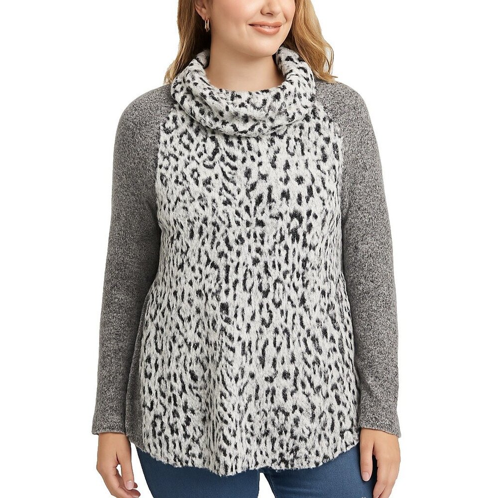One World Animal Print‎ Cowl Neck Tunic Sweater XXL Gray White Leopard Soft Cozy